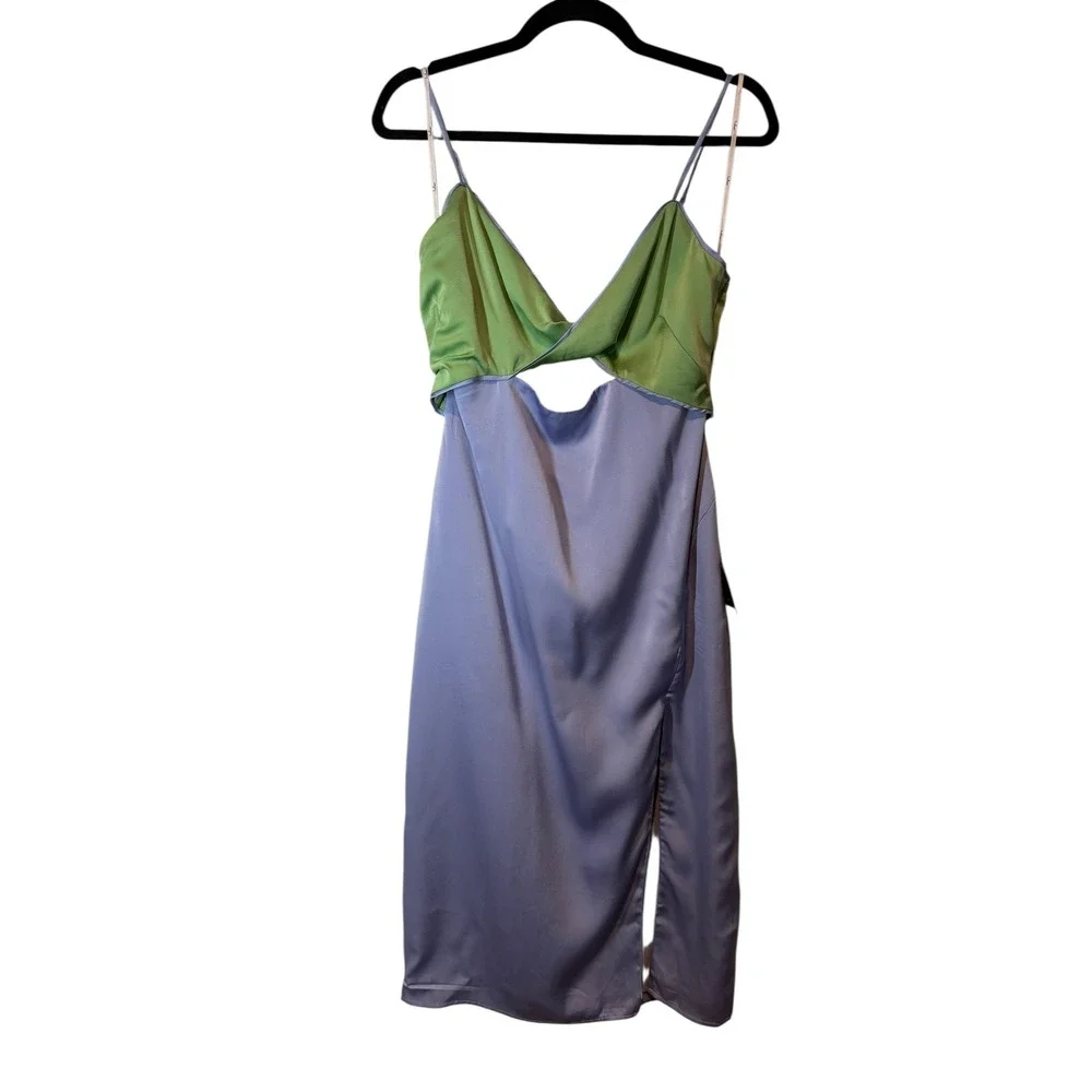 NWT Lulu's Perfect Pairing Light Blue Colorblock Satin Cutout Midi Dress Large - Picture 10 of 13